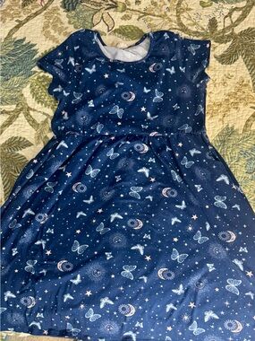 Girls Navy Blue Butterfly & Moon Print Dress